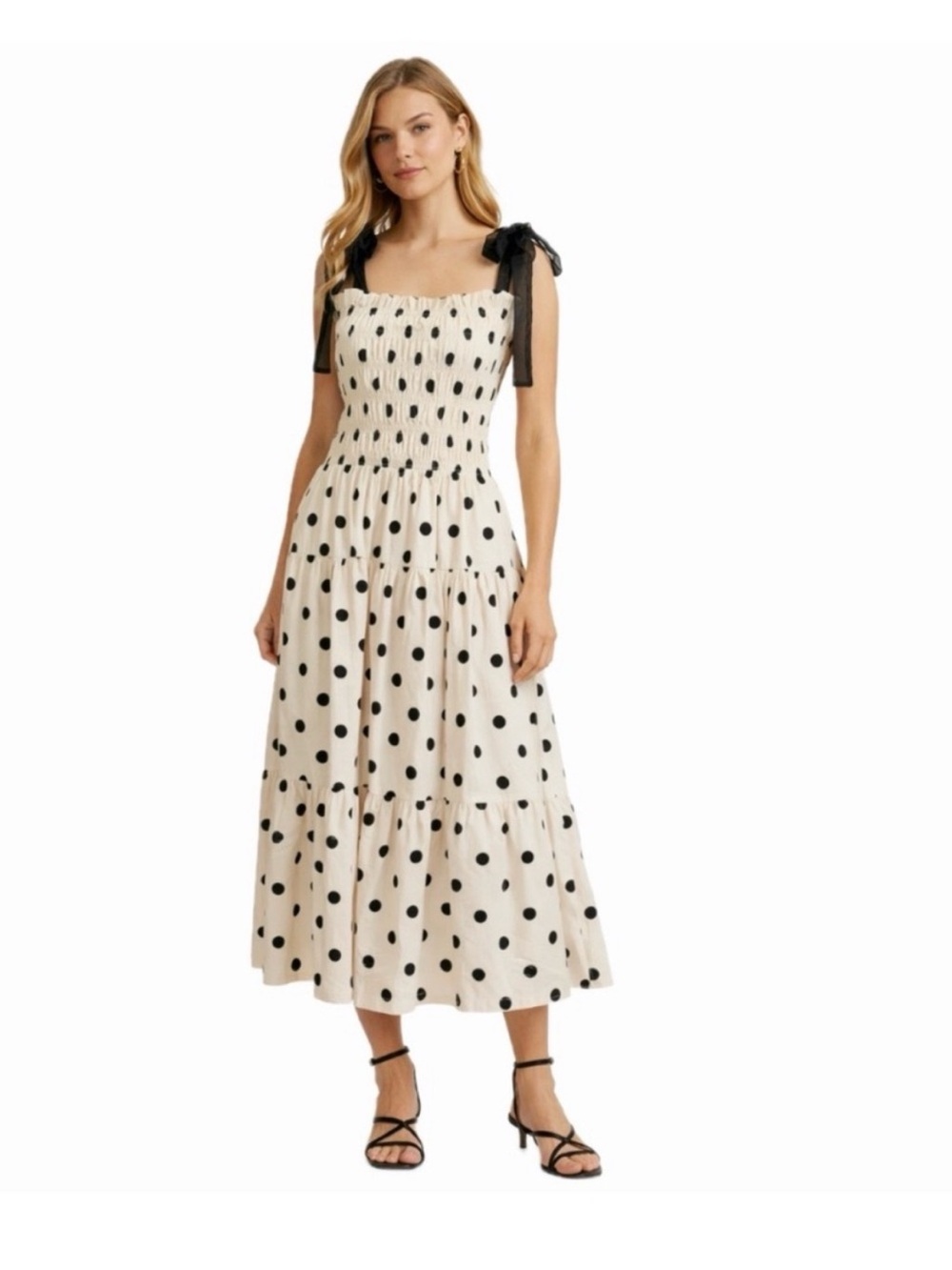 En Saison Cream Midi Dress with Black Polka Dots and Black Tie Straps